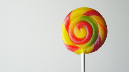 A close-up of a single lollipop with a glossy finish and bright colors, captured against a clean white background to highlight its playful and sweet appeal.の素材