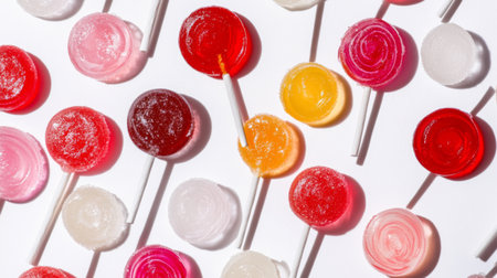 A high-resolution image of multiple lollipops with different flavors and shapes, artistically scattered on a white surface to emphasize their variety and fun.の素材