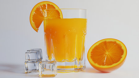 A glass of freshly squeezed orange juice with ice cubes and a slice of orange on the rim, placed on a clean white background for a refreshing look.の素材