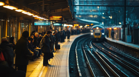 A railway platform with tracks visible in the background, with passengers waiting and a train in the distance, capturing the hustle and bustle of a busy stationの素材