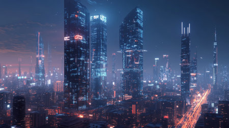A futuristic cityscape with illuminated skyscrapers and advanced technology elements integrated into the architecture, set against a night skyの素材