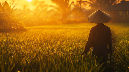 A farmer wearing a traditional hat working in a rice field at sunrise, with golden light illuminating the green paddies and creating long shadows.の素材