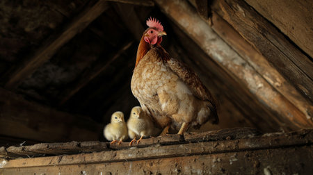 A mother hen perched on a wooden roost in a barn, with a few chicks nestled closely around her, providing warmth and protection.の素材