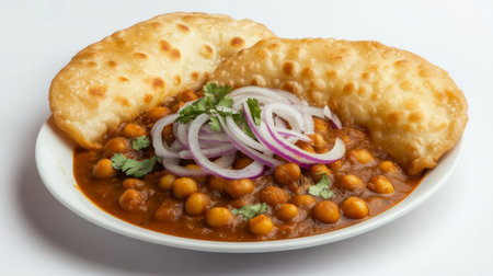 A plate of Indian chole bhature with fluffy fried bread and spicy chickpea curry, garnished with onions and cilantro, presented against a clean white backdropの素材