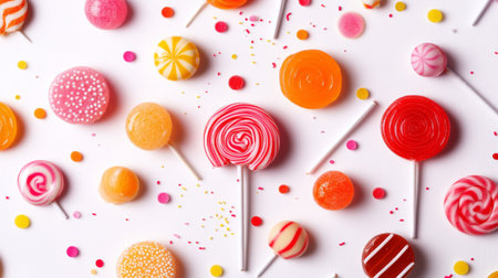 A high-resolution image of multiple lollipops with different flavors and shapes, artistically scattered on a white surface to emphasize their variety and fun.の素材