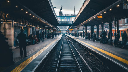 A railway platform with tracks visible in the background, with passengers waiting and a train in the distance, capturing the hustle and bustle of a busy stationの素材
