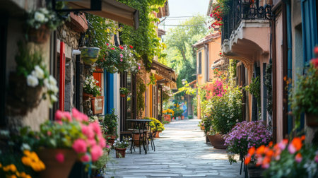 A picturesque street lined with charming old buildings, colorful facades, and blooming flowers, creating a scenic and inviting urban landscape.の素材