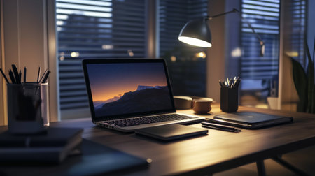 A sleek laptop with a glowing display, surrounded by gadgets and tech accessories on a modern desk, showcasing a high-tech, stylish workspace.の素材