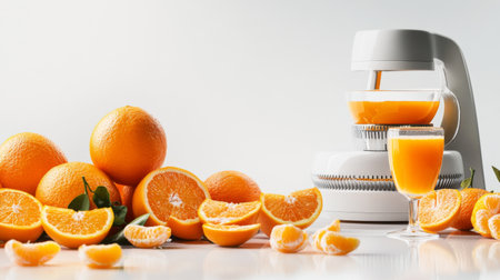 A variety of oranges and a juicer on a white background, with a glass of freshly squeezed orange juice in the foreground showcasing its vibrant color.の素材