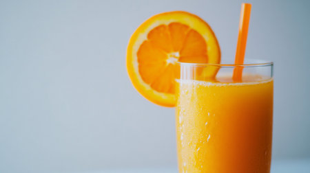 A tall glass of freshly squeezed orange juice with a straw and an orange slice garnish, set against a clean white surface for a simple, inviting lookの素材
