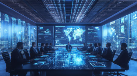A team of professionals collaborating around a high-tech conference table with interactive touchscreens and digital presentations in a modern boardroom.の素材