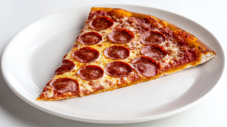 A slice of New York-style pepperoni pizza with a thin, crispy crust and melted cheese, displayed on a white plate with a white background.の素材