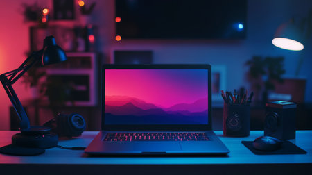 A sleek laptop with a glowing display, surrounded by gadgets and tech accessories on a modern desk, showcasing a high-tech, stylish workspace.の素材