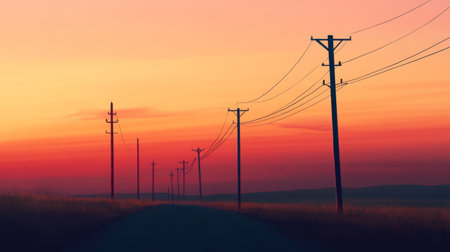 A row of electric poles standing tall along a rural road at sunset, with power lines stretching into the distance and the sky painted in warm hues.の素材