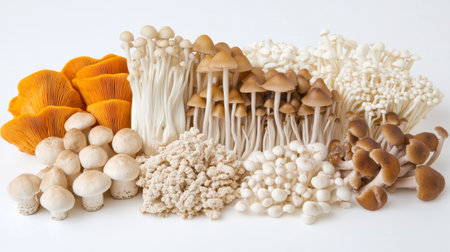 A variety of mushrooms including chanterelle and enoki, displayed on a white background to showcase their diverse colors and formsの素材
