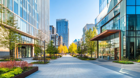 A vibrant city street with beautifully designed modern architecture, clean lines, and landscaped public spaces, set against a clear blue sky.の素材