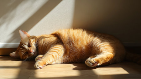 A round cat snoozing in a sunbeam on the floor, with its belly up and a look of utter relaxation, set against a light-colored roomの素材