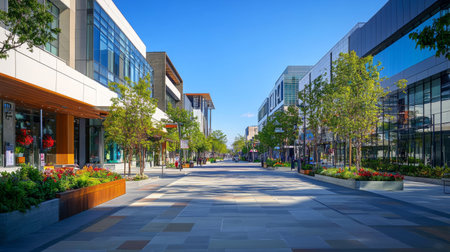 A vibrant city street with beautifully designed modern architecture, clean lines, and landscaped public spaces, set against a clear blue sky.の素材