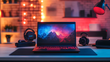 A sleek laptop with a glowing display, surrounded by gadgets and tech accessories on a modern desk, showcasing a high-tech, stylish workspace.の素材