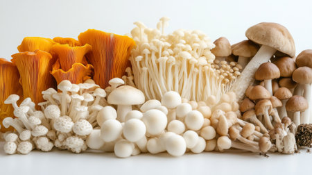 A variety of mushrooms including chanterelle and enoki, displayed on a white background to showcase their diverse colors and formsの素材