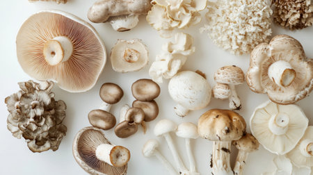 Artistic arrangement of mushrooms, including a mix of types like cremini and portobello, set against a stark white background for a clean and stylish look.の素材