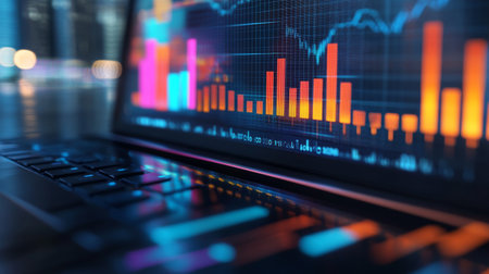 Animated bar chart on a laptop screen with dynamic changes in bar heights and colors, illustrating real-time data analysis in a modern workspaceの素材