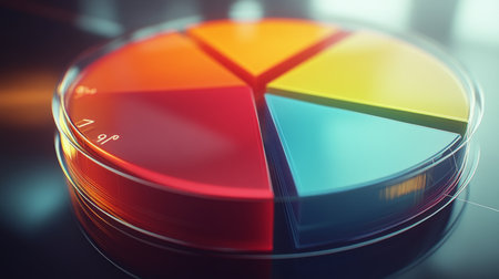 Close-up of a 3D pie chart with a transparent background, highlighting the depth and layers of the chart, with data labels and percentages visible.の素材