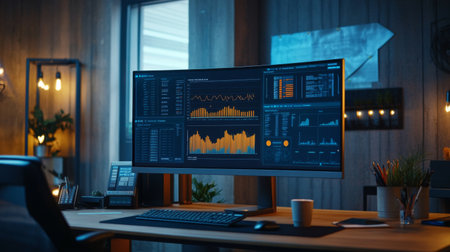 Animated business graph on a computer screen showing real-time data changes and trends, set in a professional workspace with modern technology.の素材