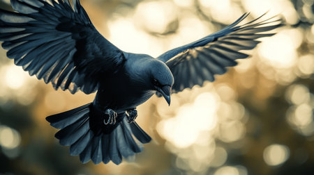 Bird in mid-flight with a close-up view of its head and wings, set against a blurred background of trees or open sky for a dynamic shot.の素材