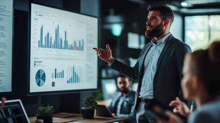 Business professional presenting a new concept on a digital screen, with graphs and charts, while colleagues look on attentively in a modern conference room.の素材