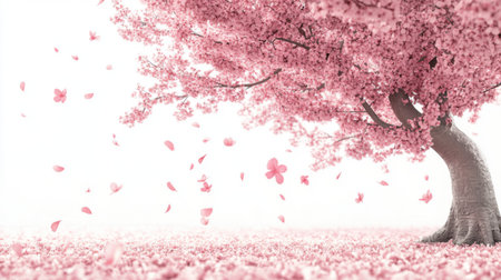 Cherry blossom petals gently falling to the ground, creating a soft, pink carpet beneath the tree, with a clean white background for emphasisの素材