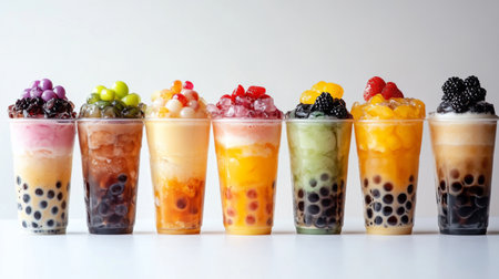 An artistic arrangement of several bubble tea drinks with different flavors and colorful pearls, neatly placed in a row on a white surface to showcase their variety.の素材