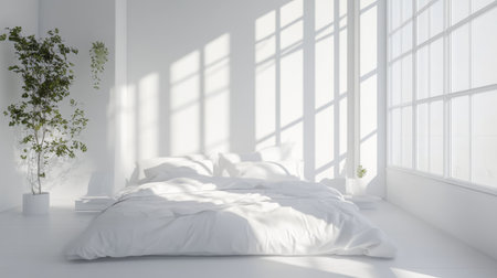 Bright and airy white bedroom with crisp white bedding, a minimalist design, and soft natural light streaming through large windows.の素材