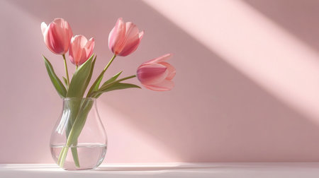 Beautiful pink tulips in a clear vase, placed on a white table against a light pink backdrop, showcasing the fresh and vibrant colors of the flowers.の素材