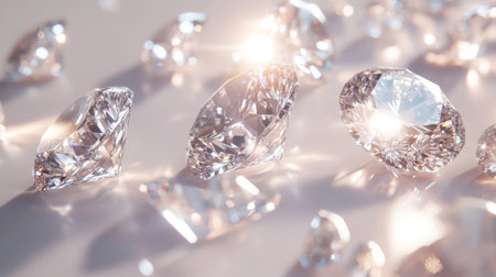 Artistic arrangement of diamonds scattered across a white background, with light reflecting off their surfaces to create a sparkling and luxurious sceneの素材