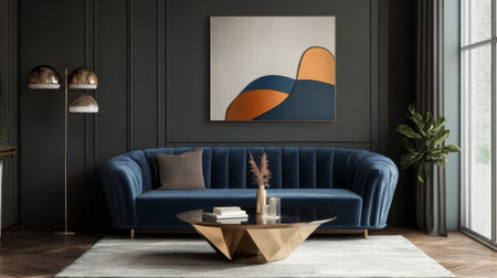 Chic living room with a mid-century modern design, including a velvet sofa, a geometric coffee table, and stylish wall art.の素材