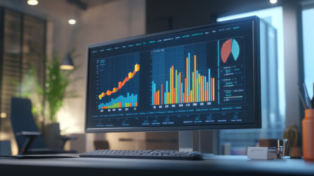 Bar chart on a large monitor in a high-tech office setting, with colorful bars representing various metrics and a focus on data analysis.の素材
