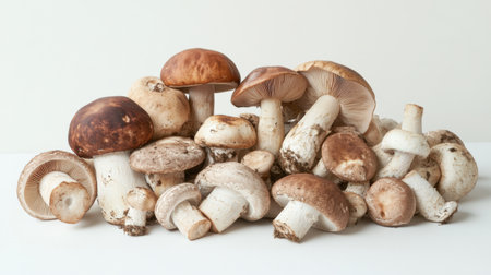 Artistic arrangement of mushrooms, including a mix of types like cremini and portobello, set against a stark white background for a clean and stylish look.の素材