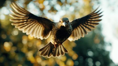 Bird in mid-flight with a close-up view of its head and wings, set against a blurred background of trees or open sky for a dynamic shot.の素材
