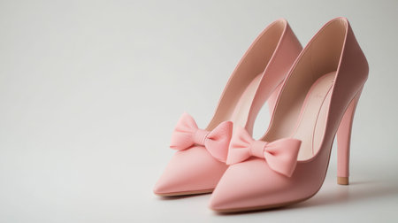 Beautifully crafted pink high heels with a bow detail, placed on a white background, offering a soft and playful touch to the classic high heel silhouette.の素材