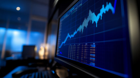Business graph with rising trends and key performance indicators, displayed on a high-resolution monitor in an office environment with a sleek, professional look.の素材