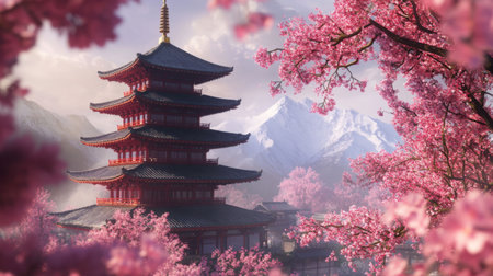 Beautiful sakura blossoms framing a traditional Japanese pagoda in the background, capturing the harmony between nature and architecture.の素材
