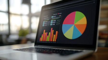 Close-up of a 3D pie chart in a financial analysis software, with colorful segments and detailed data, shown on a laptop screen in a sleek office setting.の素材
