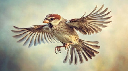 Close-up of a bird in mid-flight, showcasing its outstretched wings and detailed feathers, against a blurred background of sky or landscape.の素材