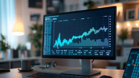 Close-up of a business graph on a computer screen showing upward trends and performance metrics, set in a modern office with a sleek desk and digital devices.の素材