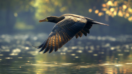Close-up of a bird flying over water, with its reflection visible below and the details of its feathers highlighted by the sunlight.の素材