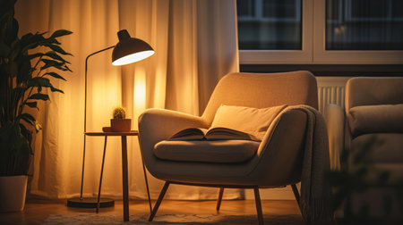Close-up of a cozy corner in a living room with a reading nook, including a comfortable armchair, a side table, and a floor lamp.の素材