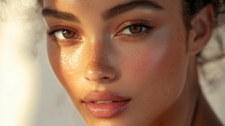 Close-up of a woman with a dewy makeup look, including a soft glow and natural tones, emphasizing her radiant and fresh appearance.の素材