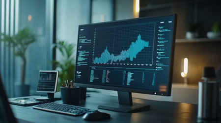 Close-up of a business graph on a computer screen showing upward trends and performance metrics, set in a modern office with a sleek desk and digital devices.の素材