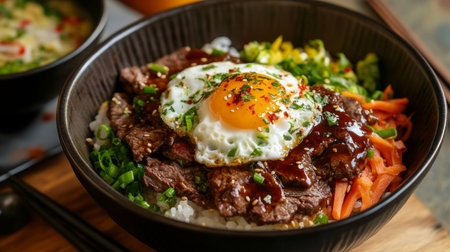 Close-up of a delicious donburi bowl with a rich, flavorful sauce, topped with beef, vegetables, and a perfectly cooked egg, served with miso soup.の素材
